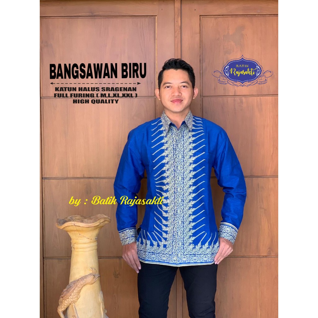 BANGSAWANG BIRU RAJASAKTI KEMEJA BATIK SOLO PRIA LENGAN PANJANG LAPIS FURING ATASAN BATIK PREMIUM MODERN KATUN HALUS BAHUWIRYA  BANAMITRA BANAMITRA PUTIH BANGSAWAN BAYU PUTRA BERLIAN BIRU BHARATAYUDA BIMASENA BIRENDRA BIRU INDAH BRAHMAKERTA BRAHMAKERTA