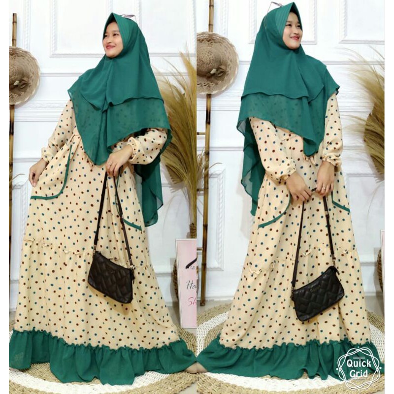 FILLYS Baju Gamis Monalisa Syari Set Khimar Ceruty 2 layer Motif Polkadot
