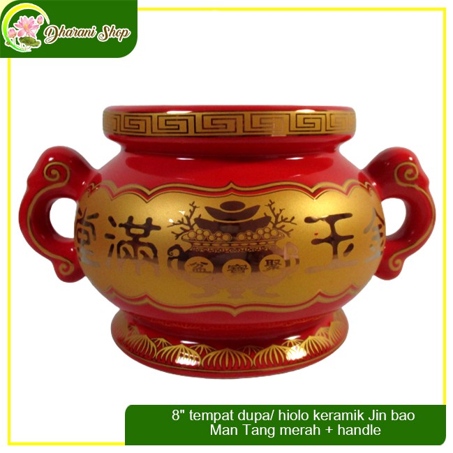 8" tempat dupa/ hiolo keramik Jin bao Man Tang merah + handle