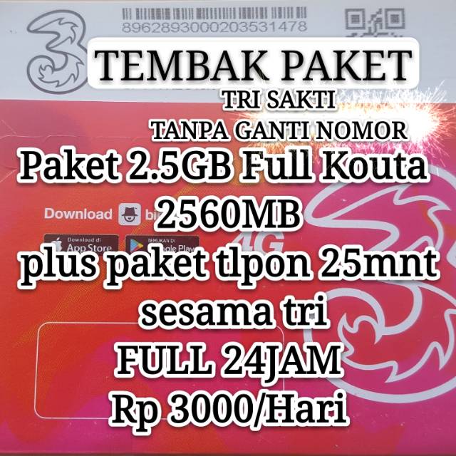THREE TRI PAKET 2.5GB plus 25mnit sesama tri full 24jam
