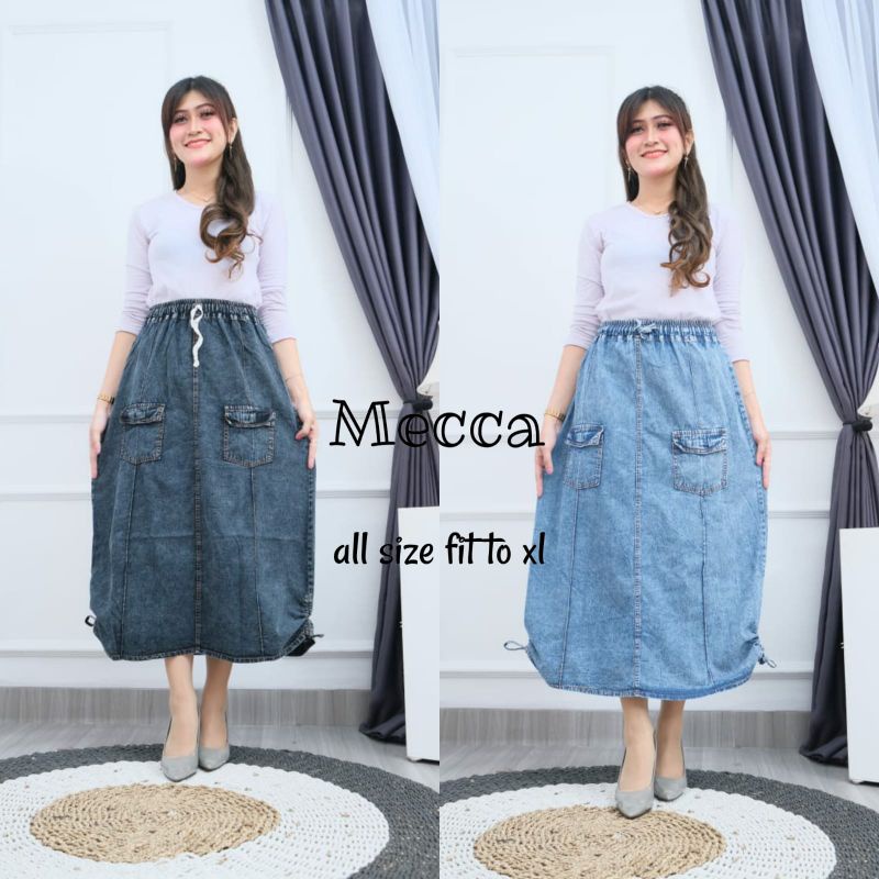 ROK JEANS PANJANG MECCA FIT TO XL// ROK PANJANG JUMBO SERUT WANITA