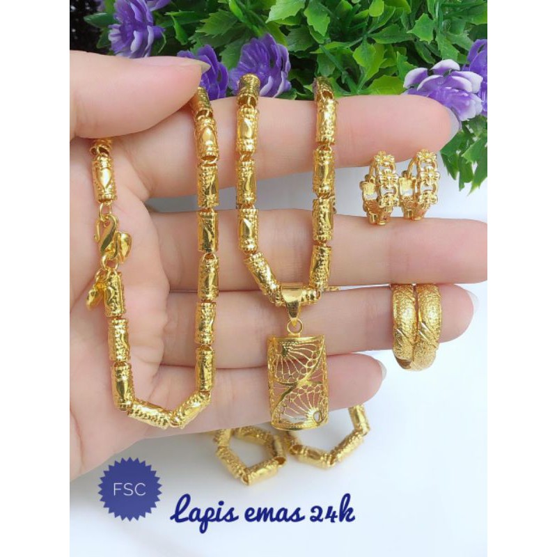 [lapis emas 24 karat] paket perhiasan set bambu 24 karat kalung hijab bambu 24 karat 201120
