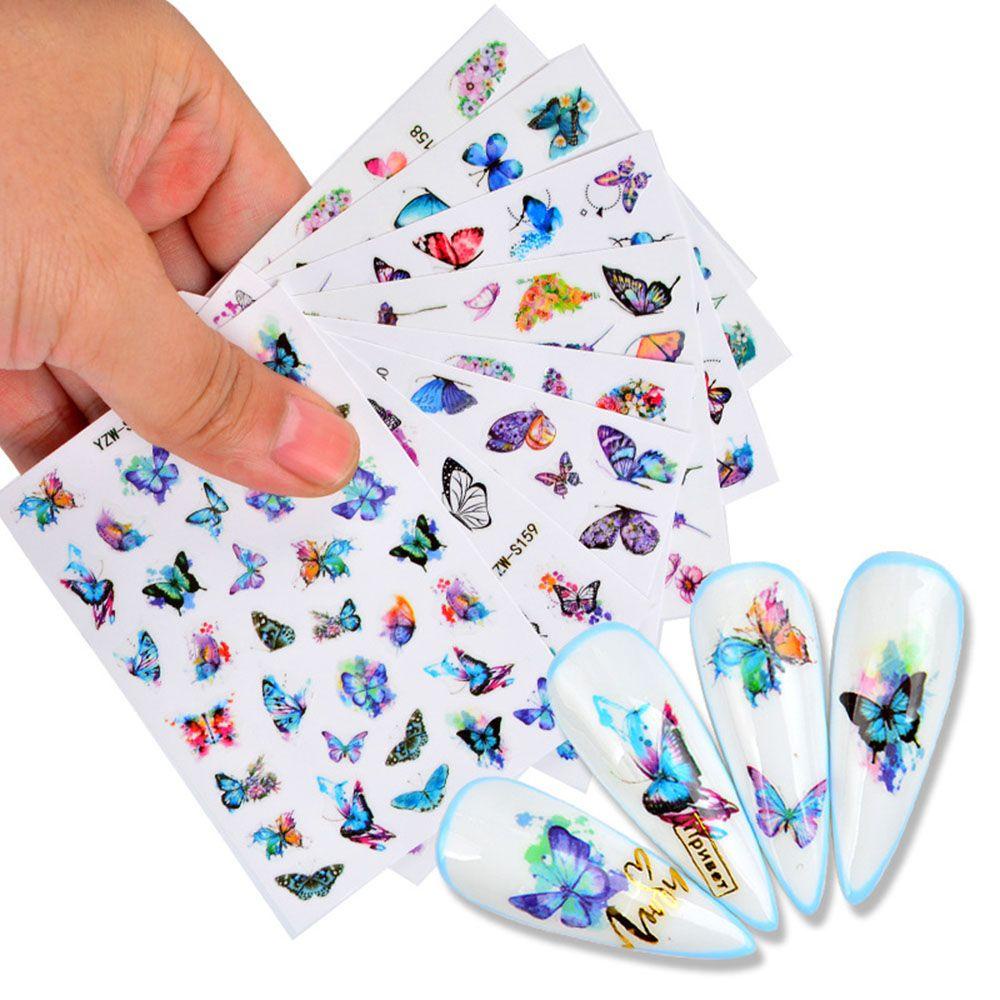 R-flower 1lembar Stiker Kuku Kupu-Kupu Fashion Decals Motif Bunga Geometris Nail Art Dekorasi