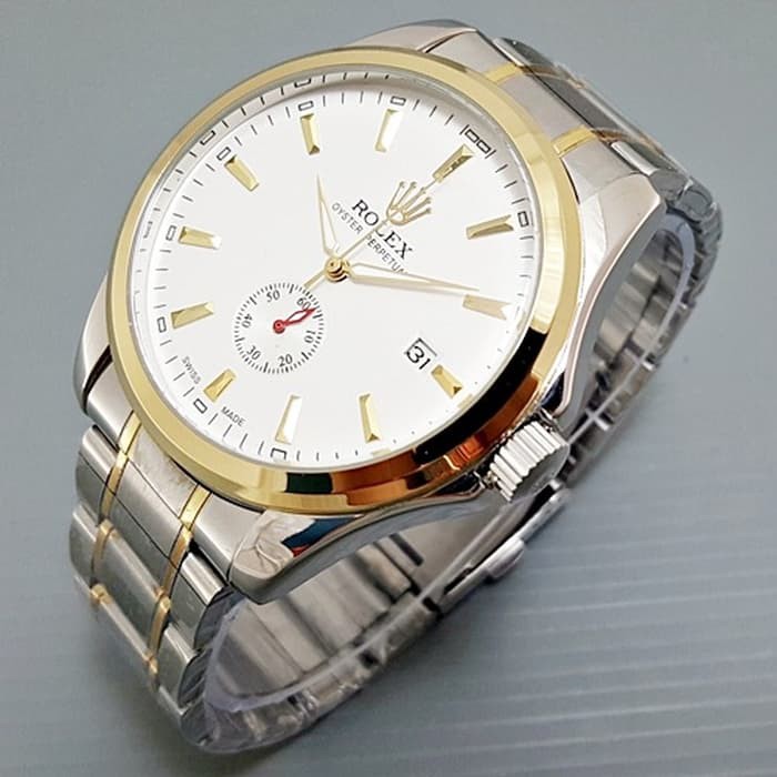 Jam Tangan Pria / Cowok Rolex Automatic Big Size Rantai Kombi White Army