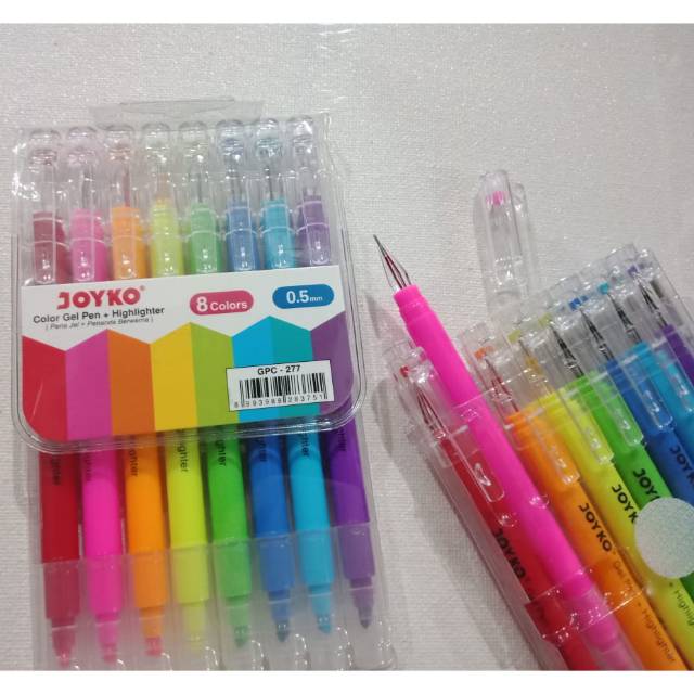 Color Gel Pen 0.5mm + Highlighter Joyko / Pen Jel + Penanda Berwarna Joyko