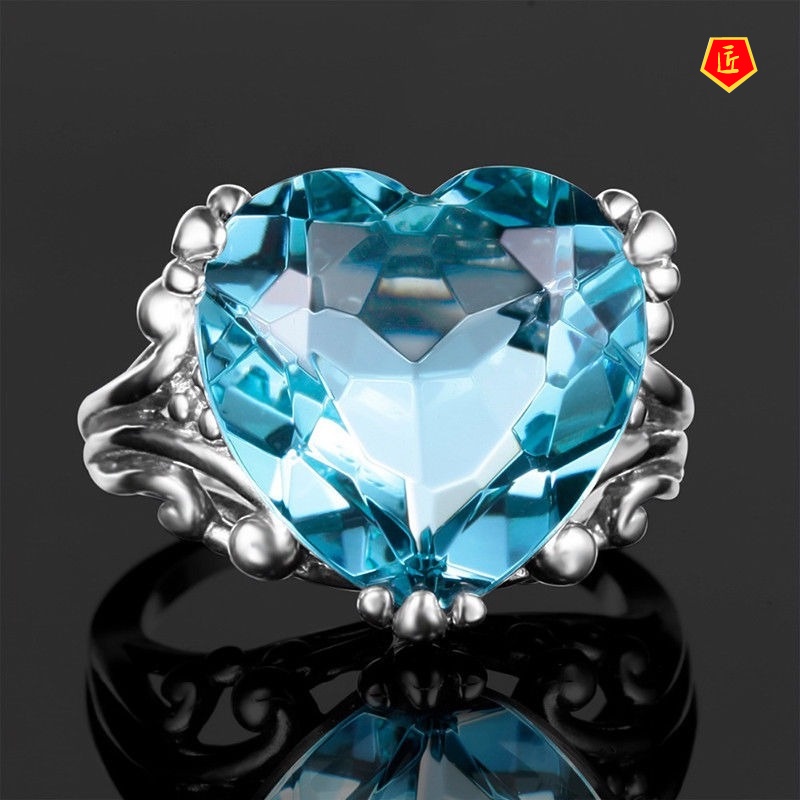 [Ready Stock]Creative Topaz Sea Blue Heart-Shaped Ring Fashion