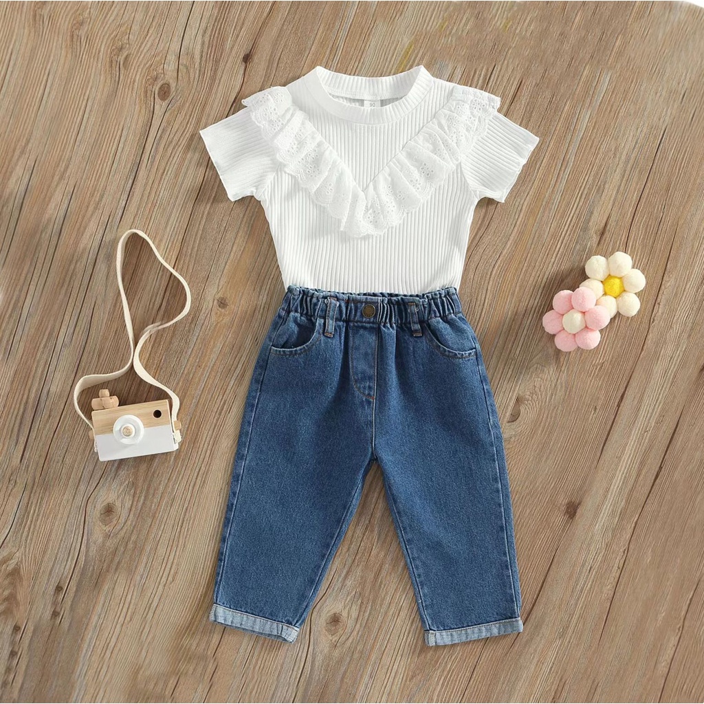 (LOLI-JKT) BS-313 STELAN ANAK CEWEK RENDA DADA + JEANS SIZE 90-140