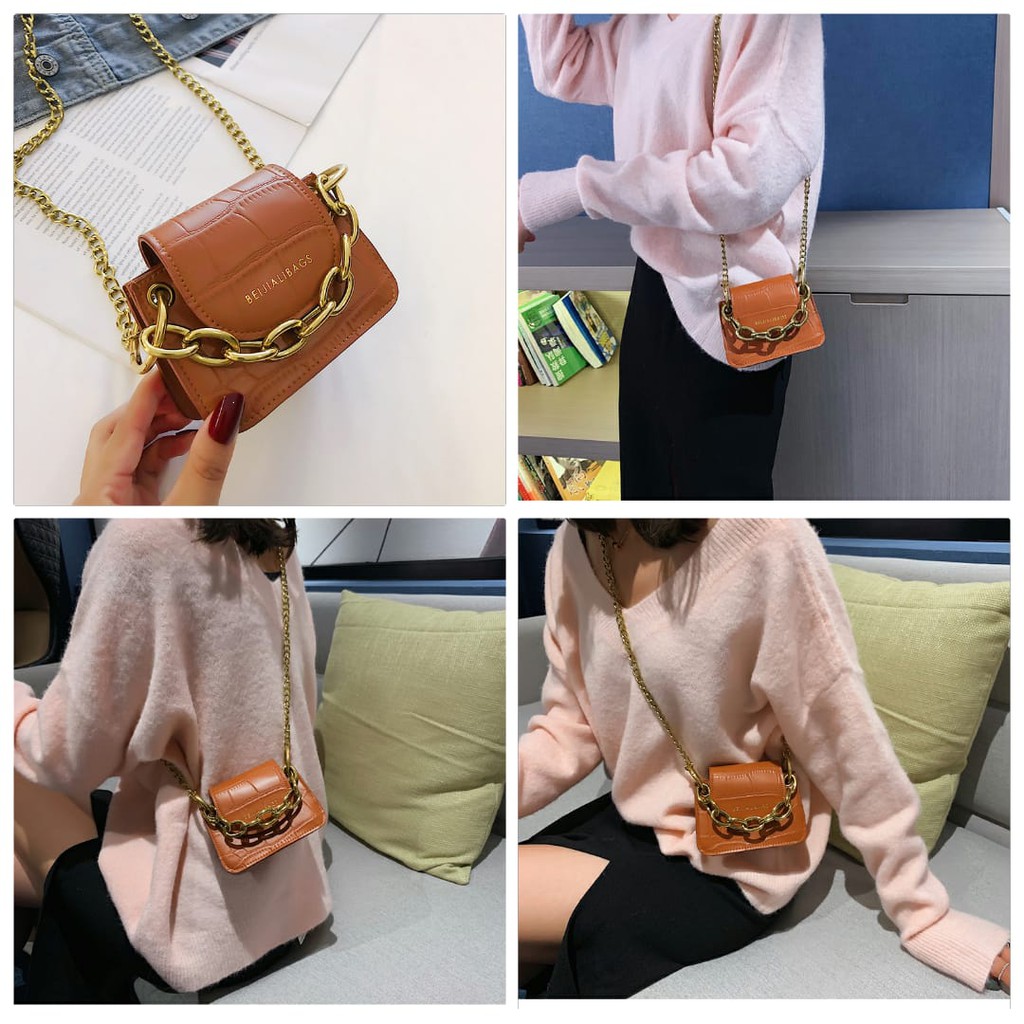 TAS WANITA KECIL RANTAI KULIT THALE SELEMPANG PESTA GOLD IMPORT MURAH KOREA KEKINIAN FASHION BATAM