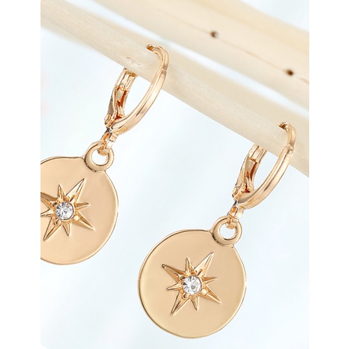 LRC Anting Tusuk Fashion Golden Diamond-studded Star Round Alloy Earrings K62469