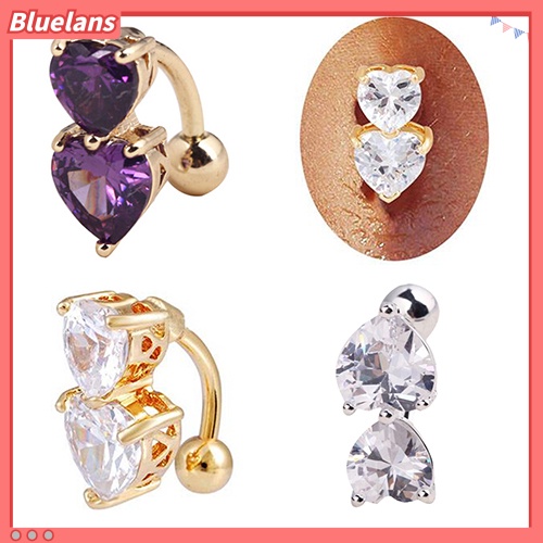 Bluelans Reverse Crystal Zircon Bar Belly Ring Gold Body Piercing Button Navel Two Hearts