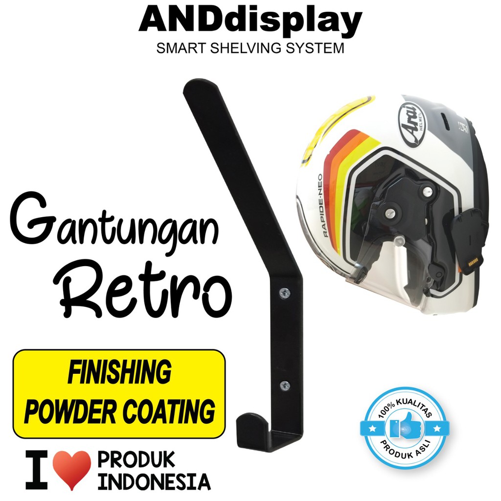 GANTUNGAN HELM RETRO DINDING HITAM HOOK KAPSTOK CANTOLAN TAS BAJU ANDDISPLAY