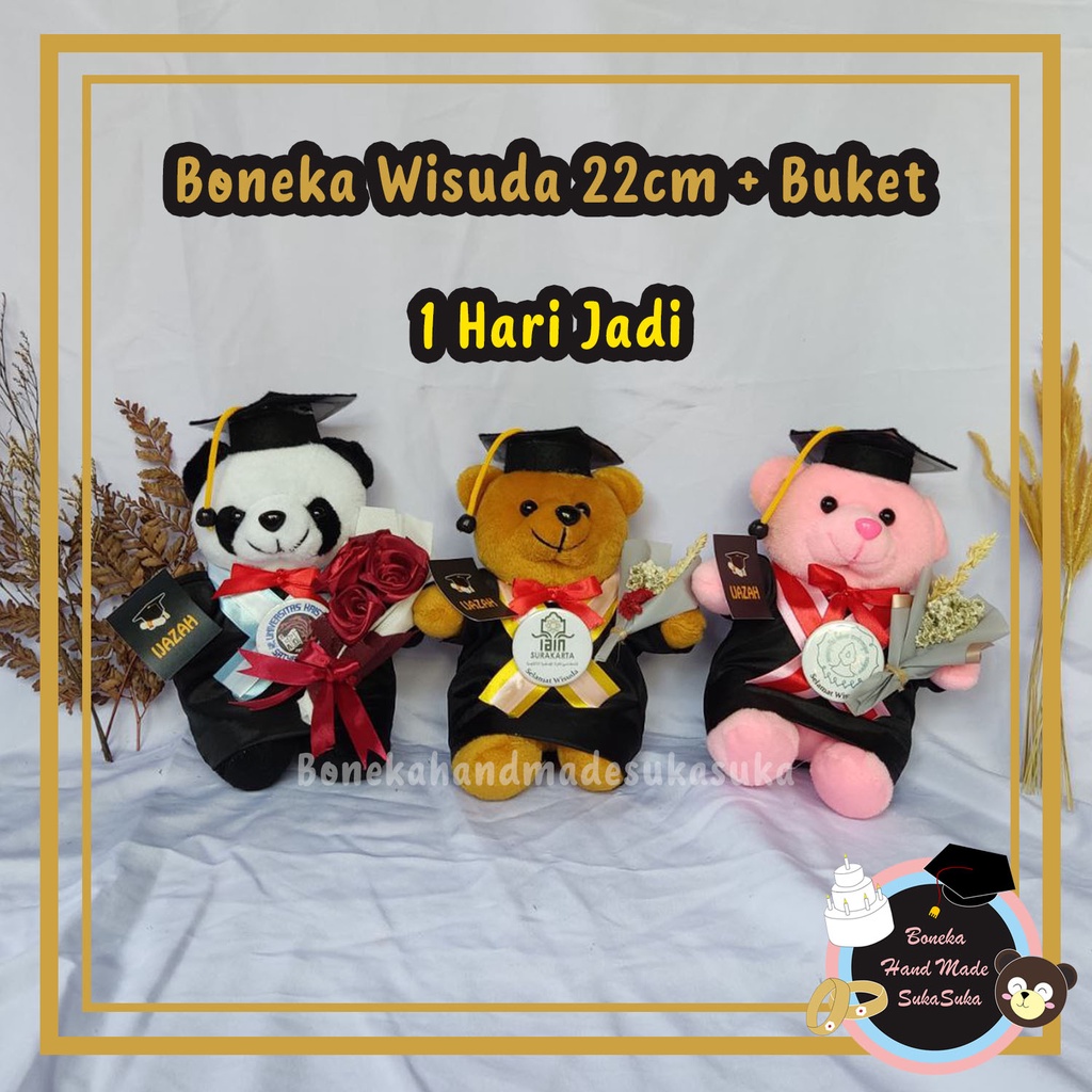 Boneka Wisuda 22 Cm Custom Nama Logo Sekolah Free Buket Bunga Free Plastik Parcel Free Ijazah Free C