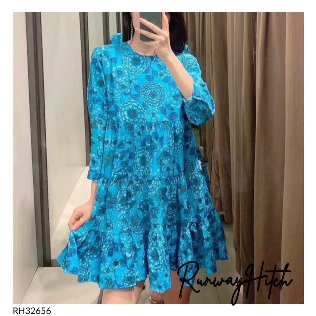 DRESS POPLIN BUNGA BIRU 32656 / TIERED DRESS KOREA / FLOWER MINI DRESS IMPORT