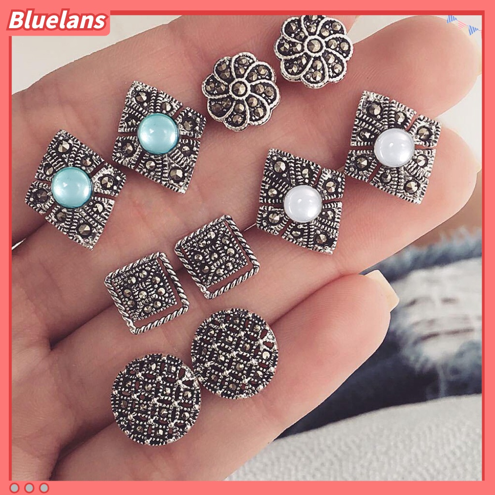 5 Pasang Anting Stud Berlian Imitasi Geometris Rongga Gaya Bohemia Untuk Perhiasan Wanita