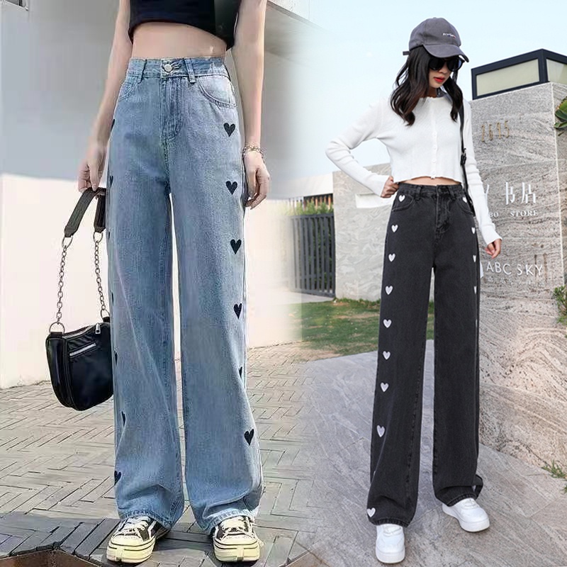 MOOGU ♡ Jeans love bordir high waist longgar panjang celana wanita boyfriend