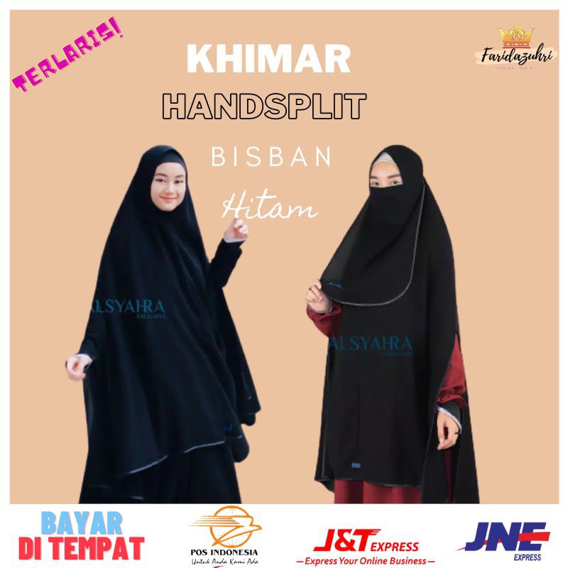 Khimar Hijab Syari 2 Layer Jumbo Belah Tangan Handsplit Jetblack Mta Non Pet Pad Bisban Hitam Putih