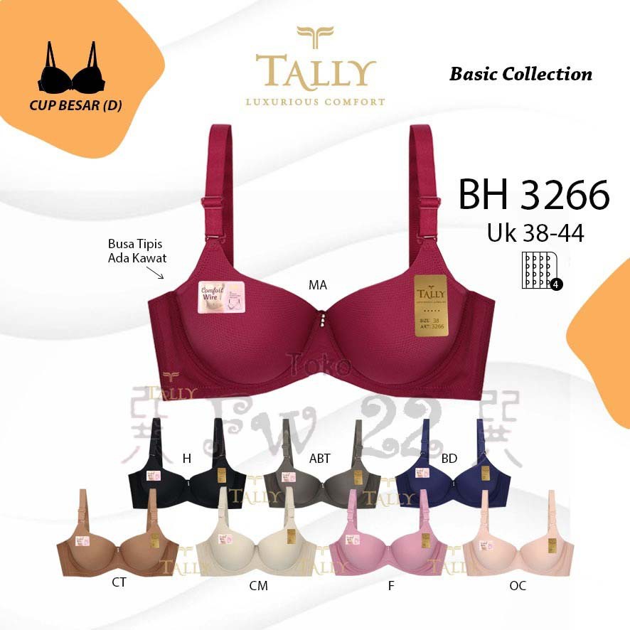 Bra Tally 3266 Full Cup hingga Cup D Jumbo Ukuran 44 dengan Bahan Katun Pori dan Berkawat