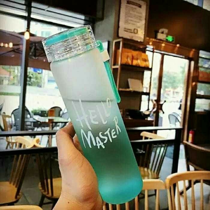 Botol Minum #B72 Kaca HELLO MASTER + Pouch Bukan Termos My Bottle