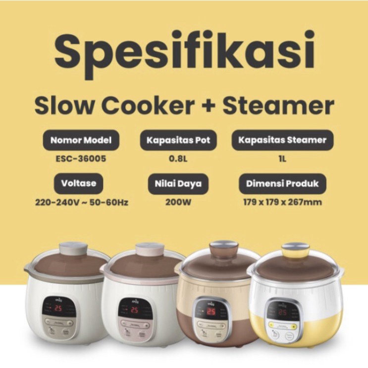 Makassar - Emily Slow Cooker + Steamer 0.8L Mpasi Food Processor Bubur Bayi ESC-36005