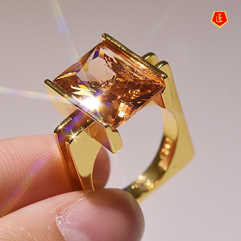 [Ready Stock]Fashion Personality Gold Inlaid Champagne Square Diamond Ring