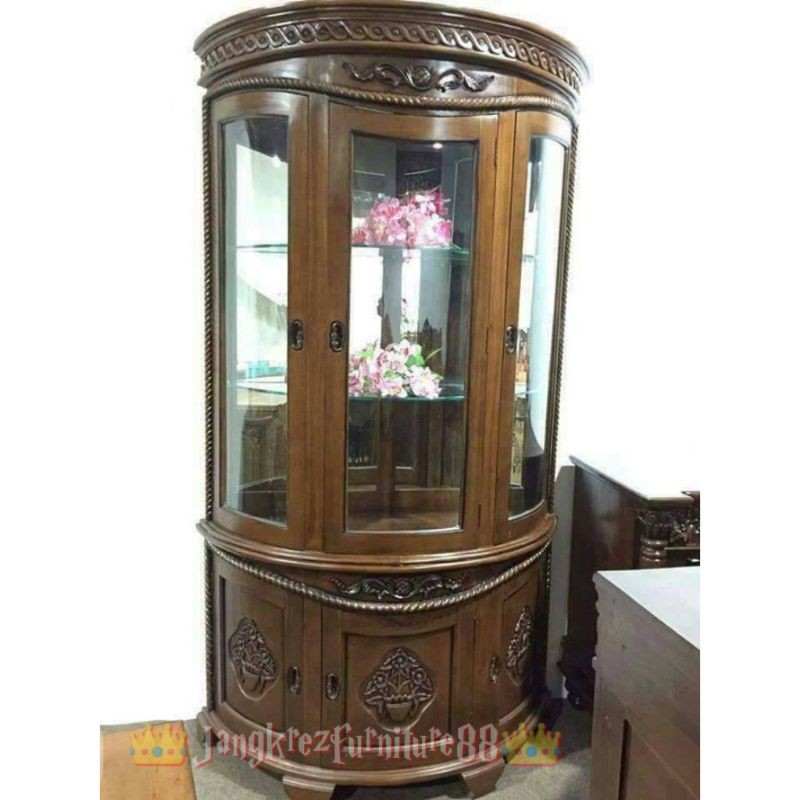 LEMARI JATI KACA SETENGAH LINGKAR LEMARI HIAS