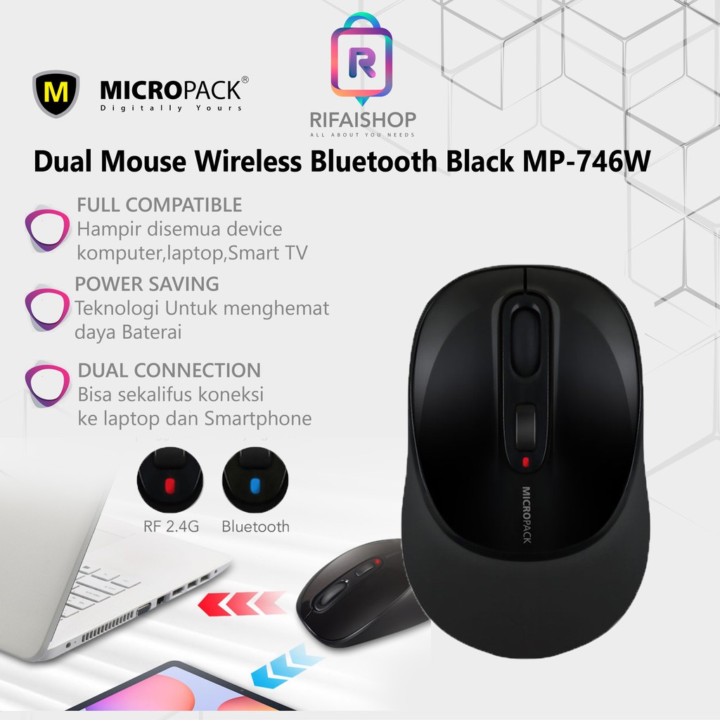 Dual Mouse Wireless Bluetooth Micropack Black MP-746W Mouse Murah Mouse Bluetooth