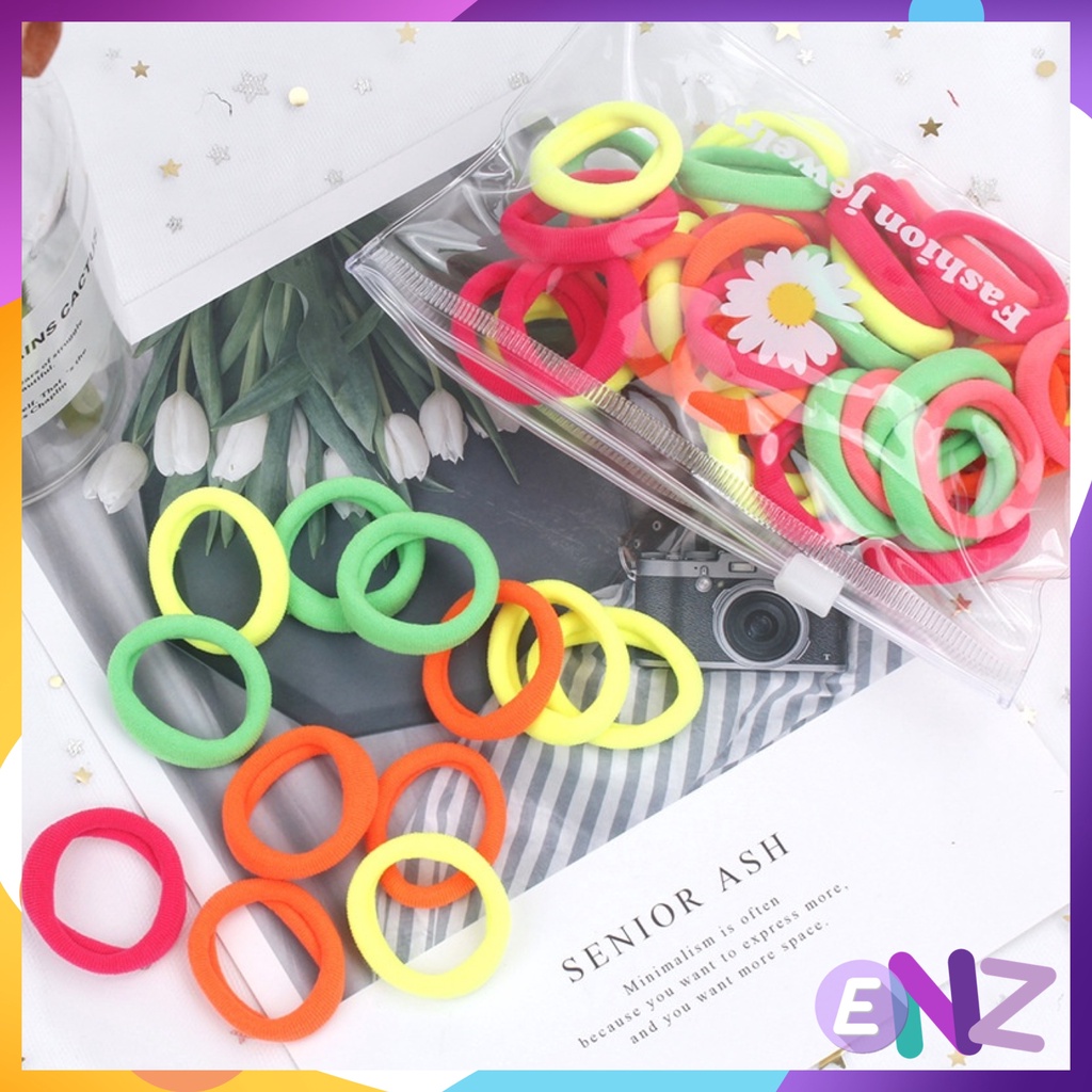 ENZ ® IKAT RAMBUT KOREA TOWEL RING SET ISI 50 PCS / IKAT RAMBUT DONUT KECIL / IKAT RAMBUT RING FREE POUCH / Kuncir Rambut Dompet Warna Warni / Kuncir Donat 1102