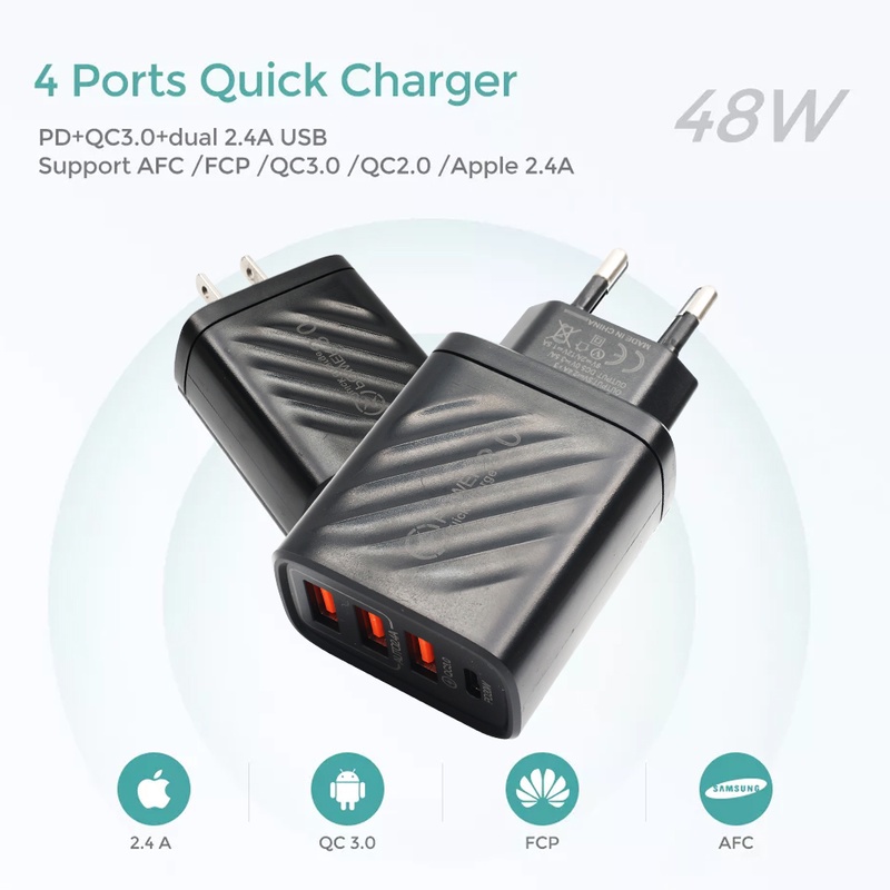 Adapter Charger 4 Port USB Tipe-C Fast Charging 3.0 10w Plug EU / US Untuk Huawei / Android