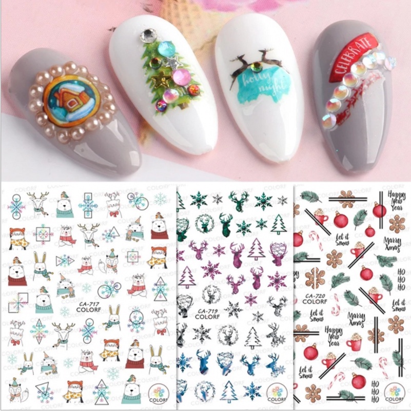 Stiker Nail Art 3D Motif Natal / Rusa / Snowflake Untuk Dekorasi Manicure DIY