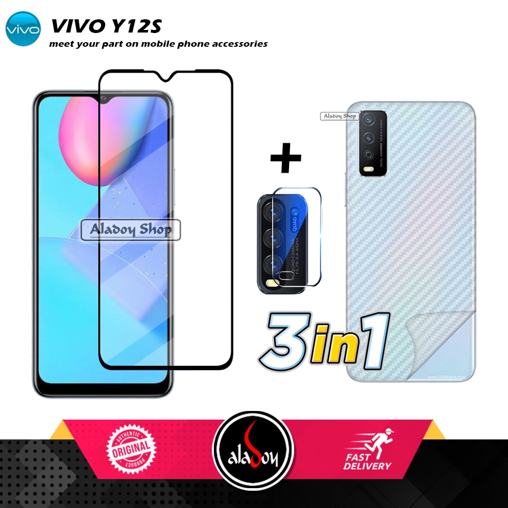 PAKET 3 IN 1 Tempered Glass Layar VIVO Y12S Free Tempered Glass Camera dan Skin Carbon