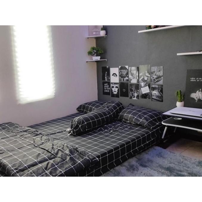 SPREI AESTHETIC MOTIF KOTAK HITAM, ABU-ABU, PUTIH / GRID