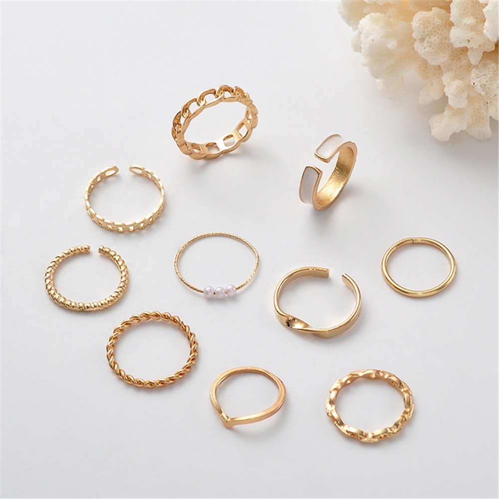 10pcs / set Cincin Knuckle Kombinasi Desain Geometri Hias Mutiara Gaya Simple Untuk Wanita