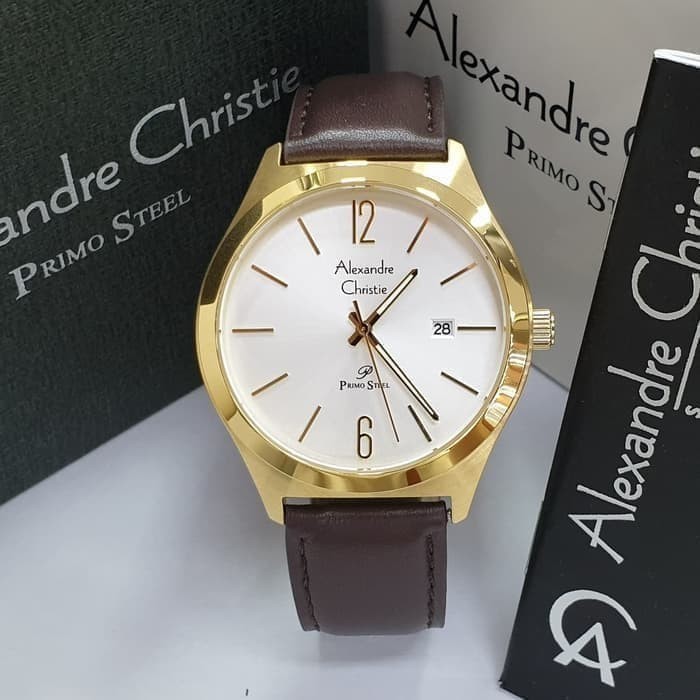 JUAL JAM TANGAN ASLI   ALEXANDRE CHRISTIE AC 1009 PRIA GOLD WHITE LEATHER BROWN ORIGINAL   I