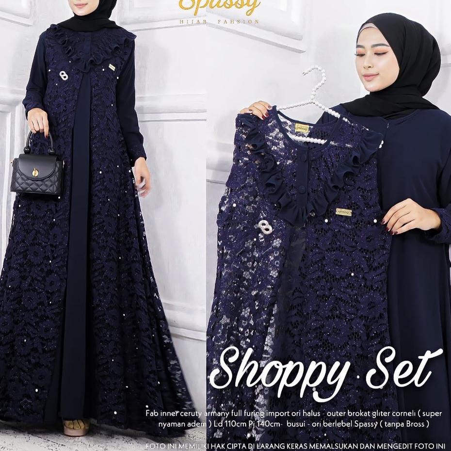 Kirim sekarang--Shoppy Set 2 in 1 Gamis + Outher Busui Friendly Bahan Ceruty Full Furing mix Brukat 