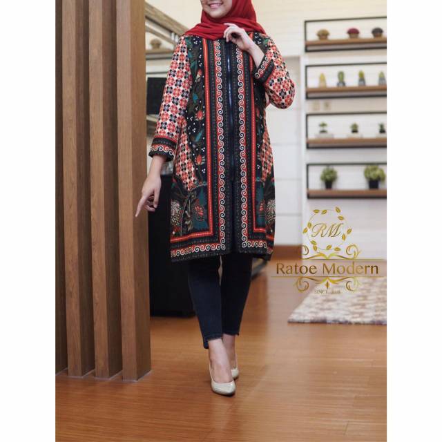 Tunik Batik Ratoe Modern Kode 128 Model Sleting Full Depan. Krah Dk Bhn Katun Batik Sinaran