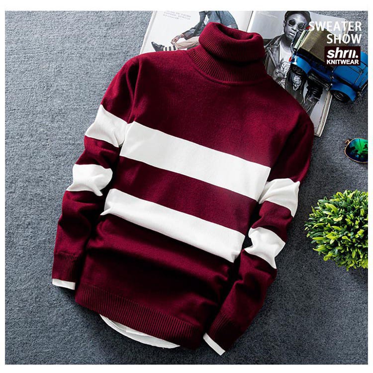 Sweater Rajut Kerah Tinggi Strip Pria High Quality 4 warna