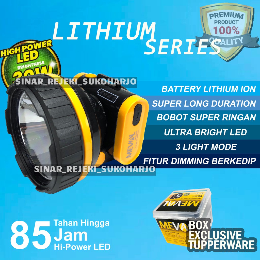 Meval Senter Cas Kepala Jumbo Lithium Sorot Jarak Jauh Helios 65 Watt 30 Watt HEAD LAMP HEADLAMP Charge Baterai Isi Ulang