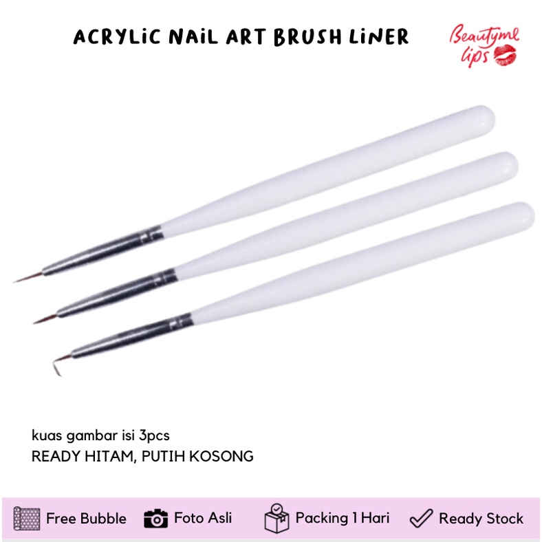 Sliprain 3 Pcs Acrylic Nail Art Brush Liner Pen Manicure Set Kit kuas gambar isi 3pcs PUTIH