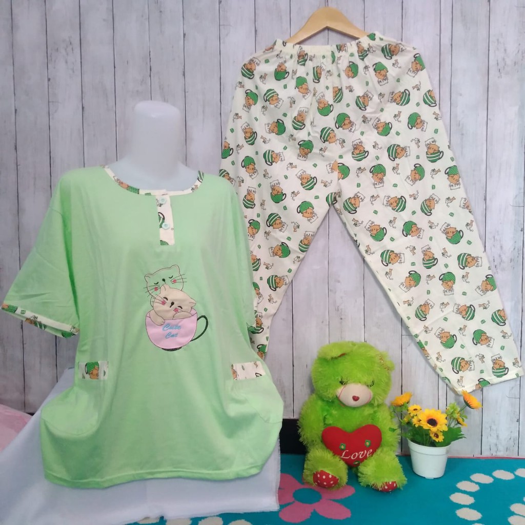 CP Sielie Jumbo - Setelan Baju Tidur Bahan Kaos Lengan Pendek Celana Panjang Merk Sie Lie Bahan Kaos