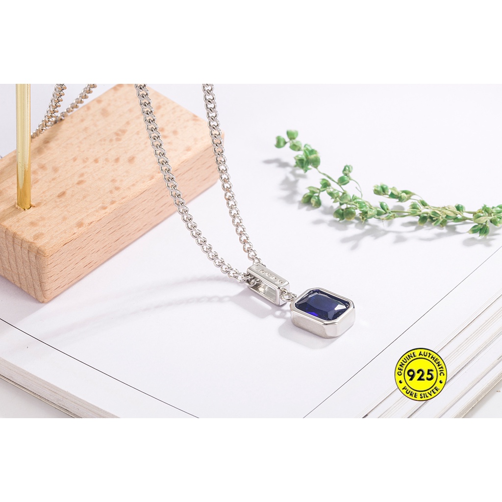 Kalung Rantai Sterling Silver 925 Dengan Liontin Kubik Zirconia Biru Untuk Wanita