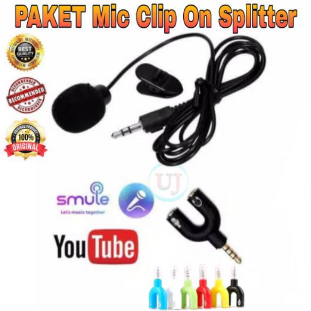 Paket Mic Clip On dengan Audio Splitter U 3.5mm Youtuber Vlogger Smule