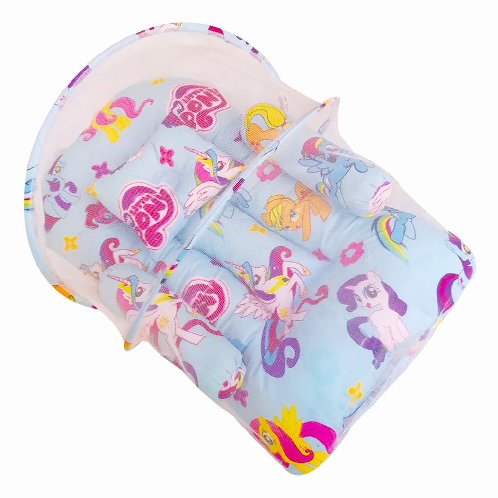 Kasur Bayi Kuda Pony Biru Berkelambu Set Bantal &amp; Guling / Keranjang Bayi Anti Nyamuk Lucu