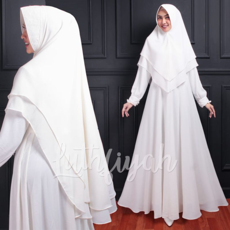 Dress Gamis Syari Babydoll Ceruty Putih Polos Busana Muslim Wanita Terbaru Kekinian Murah Luthfiyah