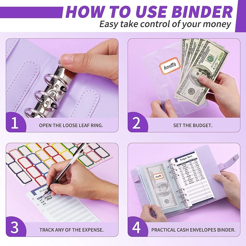 6 Budget Binder Money Organizer for Cash, Portable Money Saving Binder, Binder Cover with Zipper Pockets, Colorful Dividers