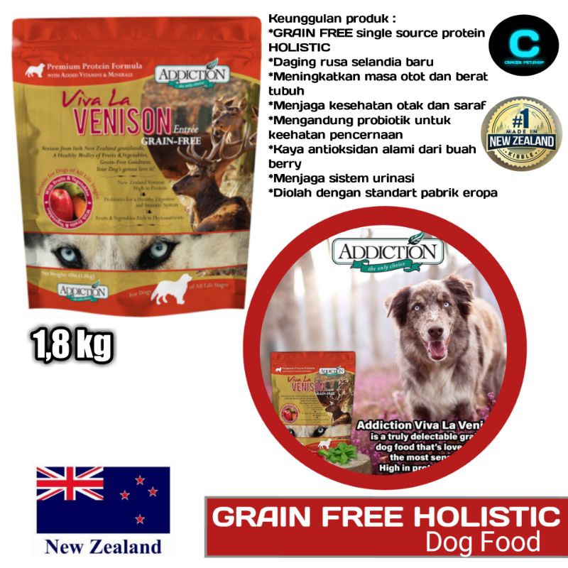 Makanan Anjing Kering ADDICTION DOG VIVA LA VENISON RUSA 1,8 Kg Grain free NEW ZEALAND