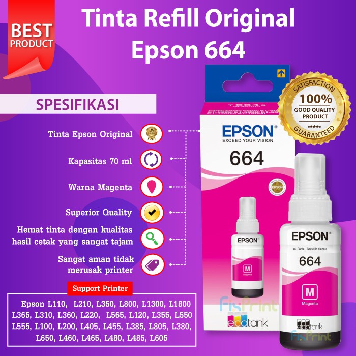 Tinta Epson Original 664 T664 Refill Printer L110 L120 L210 L220 L300 L310 L350 L355 L360 L365 L380