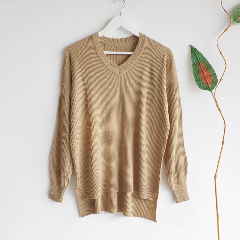 BOXY V NECK Rajut Premium Halus Sweater Rajut Boxy Muat XL-Khaki Boxy V