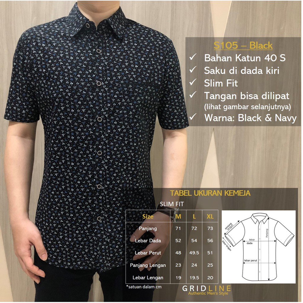 [GRIDLINE - S105 Navy &amp; Black] Kemeja Slimfit Pria Katun Lengan Pendek M-XXL