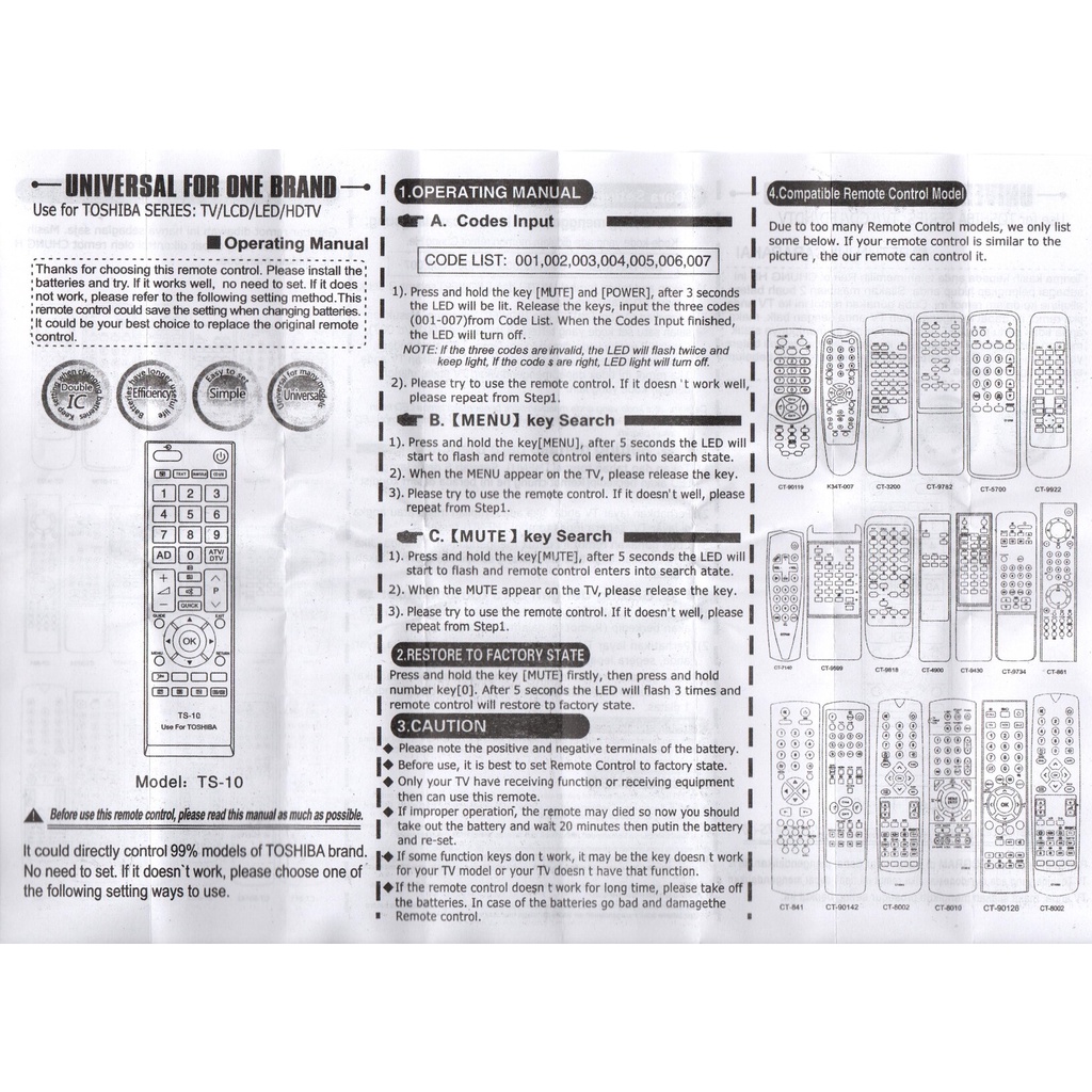 Remot / REMOTE MULTI TV LCD LED TOSHIBA Chung He TS- 10