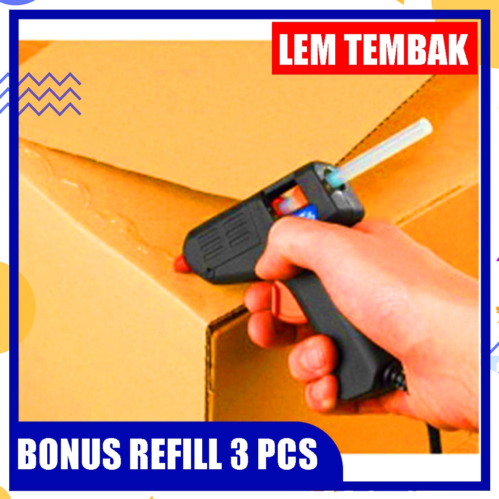 Paket Lem Tembak 20 Watt - Alat Lem Tembak Glue Gun Lem Bakar Cair 20 Watt Bonus 3 Pcs Reffil Stick Lilin Lem Tembak